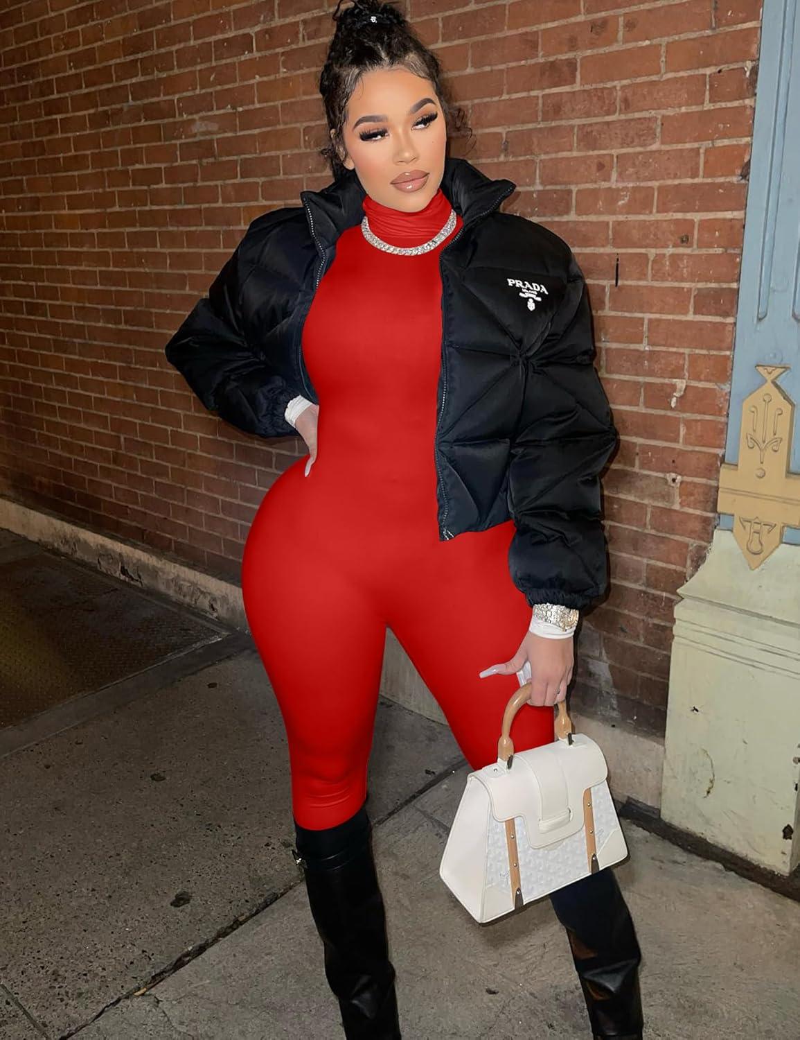 imageBORIFLORS Long Sleeve Jumpsuit for Women Sexy Turtleneck One Piece Bodycon Rompers ClubwearRed