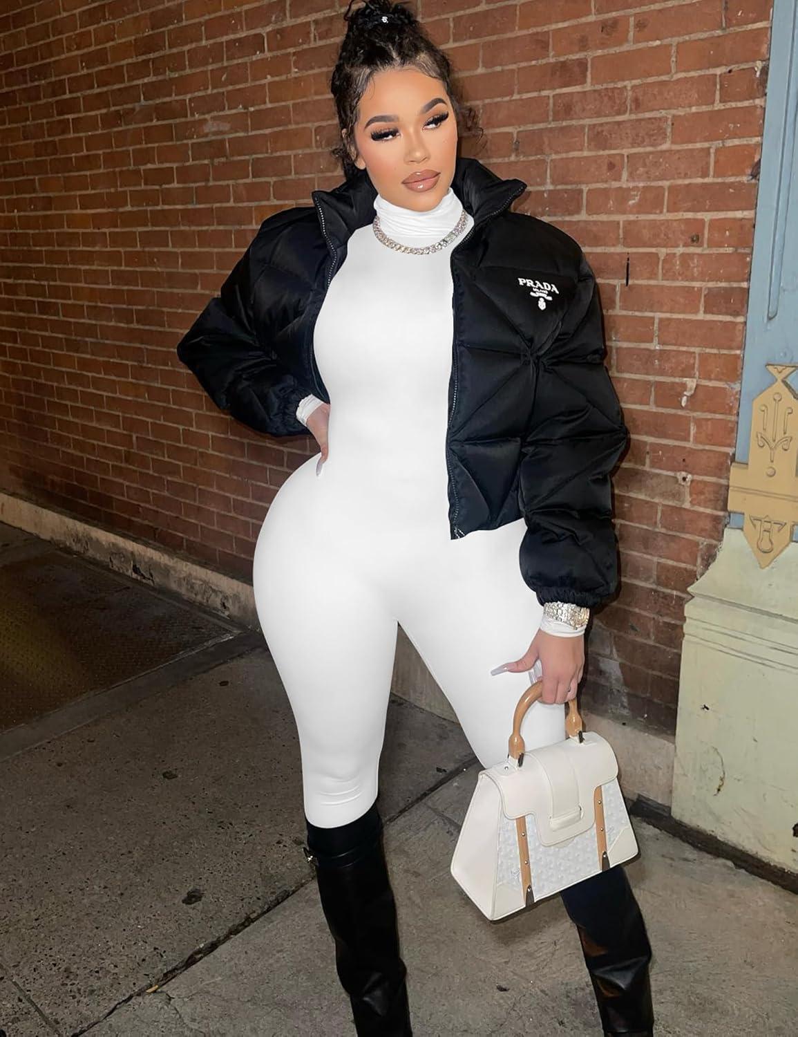 imageBORIFLORS Long Sleeve Jumpsuit for Women Sexy Turtleneck One Piece Bodycon Rompers ClubwearWhite