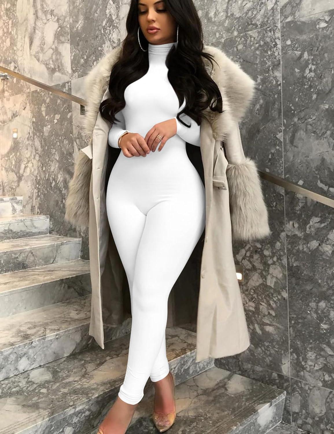 imageBORIFLORS Long Sleeve Jumpsuit for Women Sexy Turtleneck One Piece Bodycon Rompers ClubwearWhite