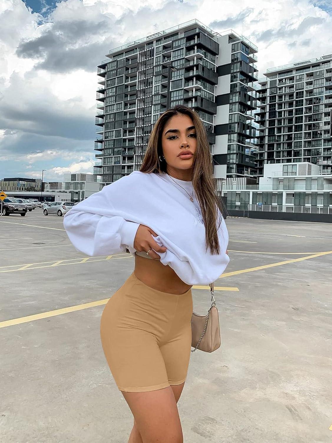 imageBORIFLORS Womens Athletic Workout High Waist Gym Biker Shorts01 Khaki