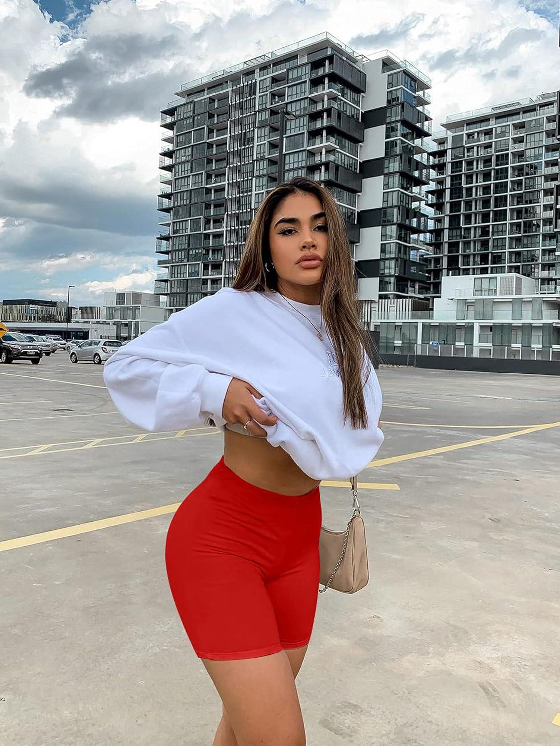 imageBORIFLORS Womens Athletic Workout High Waist Gym Biker Shorts01 Red