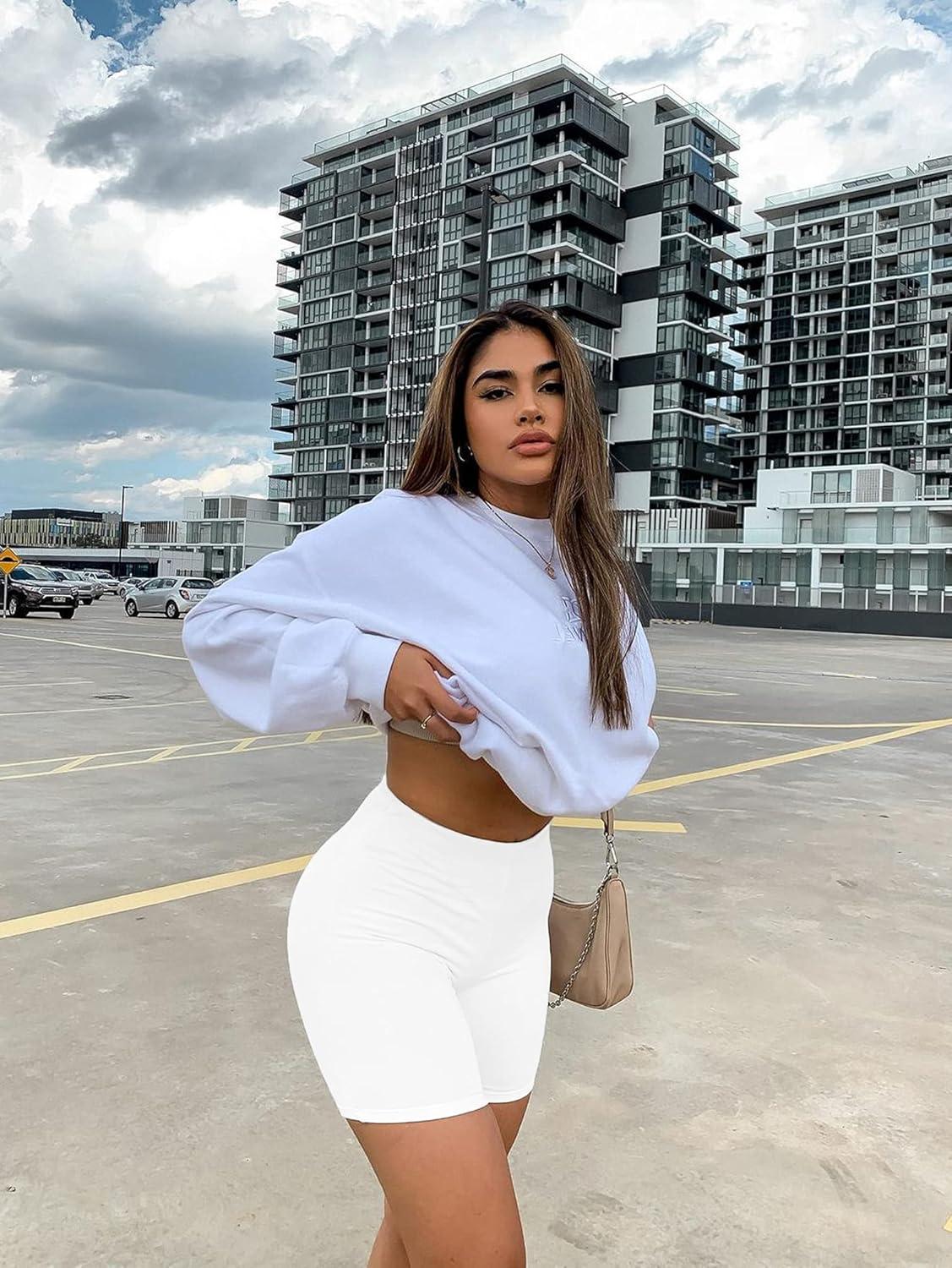 imageBORIFLORS Womens Athletic Workout High Waist Gym Biker Shorts01 White