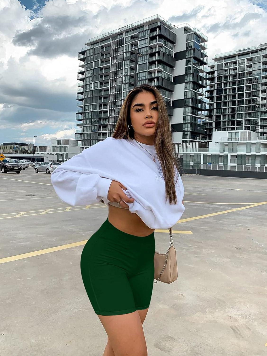 imageBORIFLORS Womens Athletic Workout High Waist Gym Biker ShortsDark Green