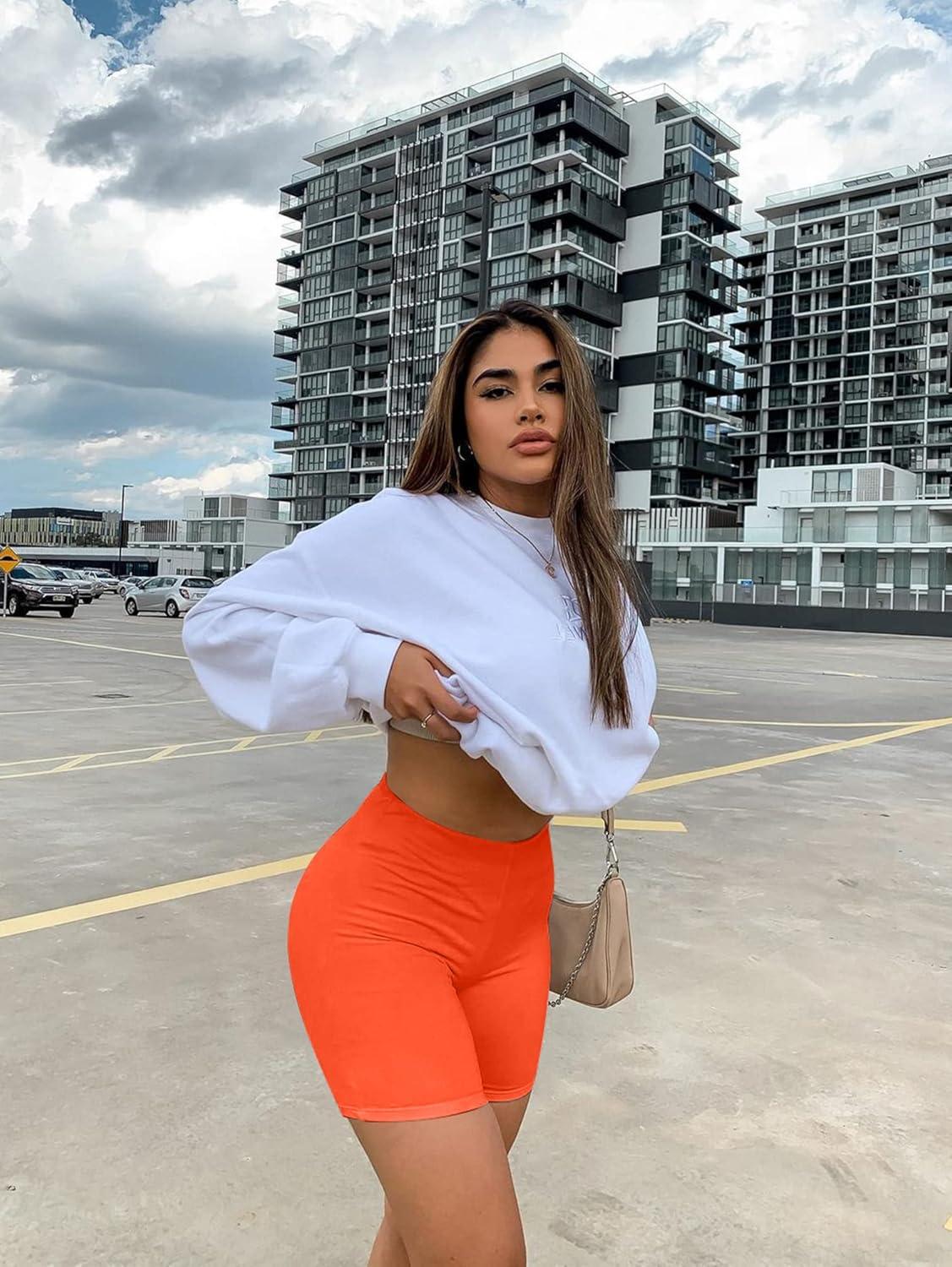 imageBORIFLORS Womens Athletic Workout High Waist Gym Biker ShortsOrange