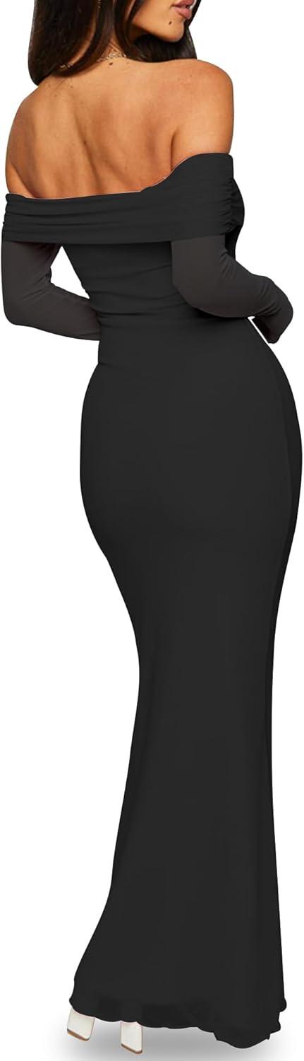 imageBORIFLORS Womens Elegant Off The Shoulder Bodycon Long Sleeve Maxi Dress Mesh Cocktail Party Wedding Guest Formal DressesBlack
