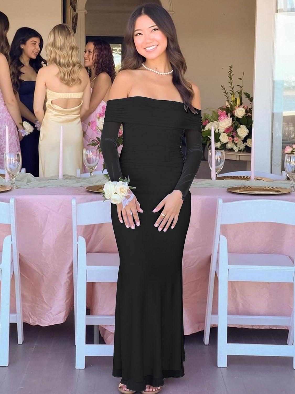 imageBORIFLORS Womens Elegant Off The Shoulder Bodycon Long Sleeve Maxi Dress Mesh Cocktail Party Wedding Guest Formal DressesBlack