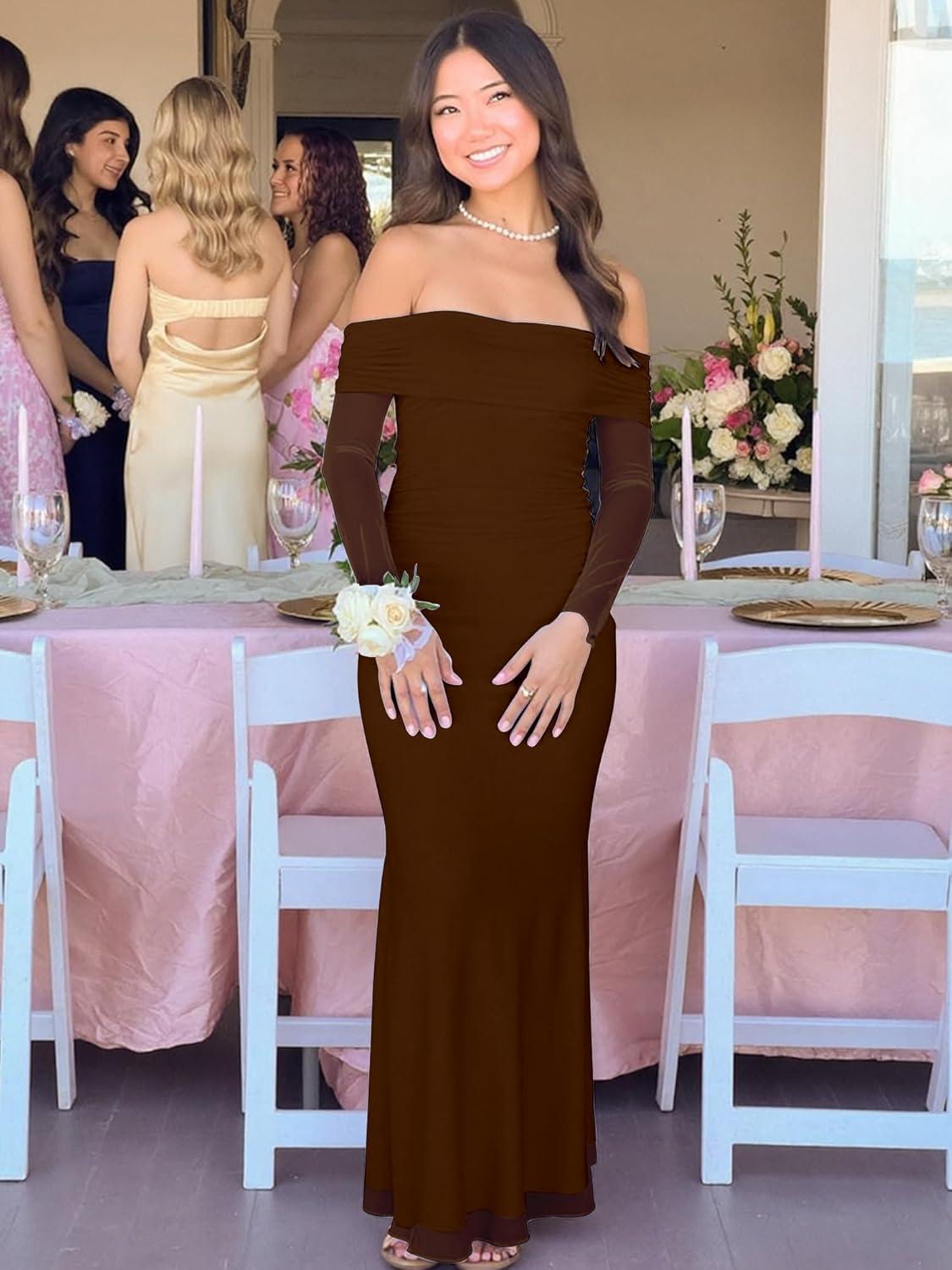 imageBORIFLORS Womens Elegant Off The Shoulder Bodycon Long Sleeve Maxi Dress Mesh Cocktail Party Wedding Guest Formal DressesCoffee