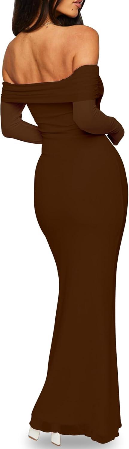 imageBORIFLORS Womens Elegant Off The Shoulder Bodycon Long Sleeve Maxi Dress Mesh Cocktail Party Wedding Guest Formal DressesCoffee