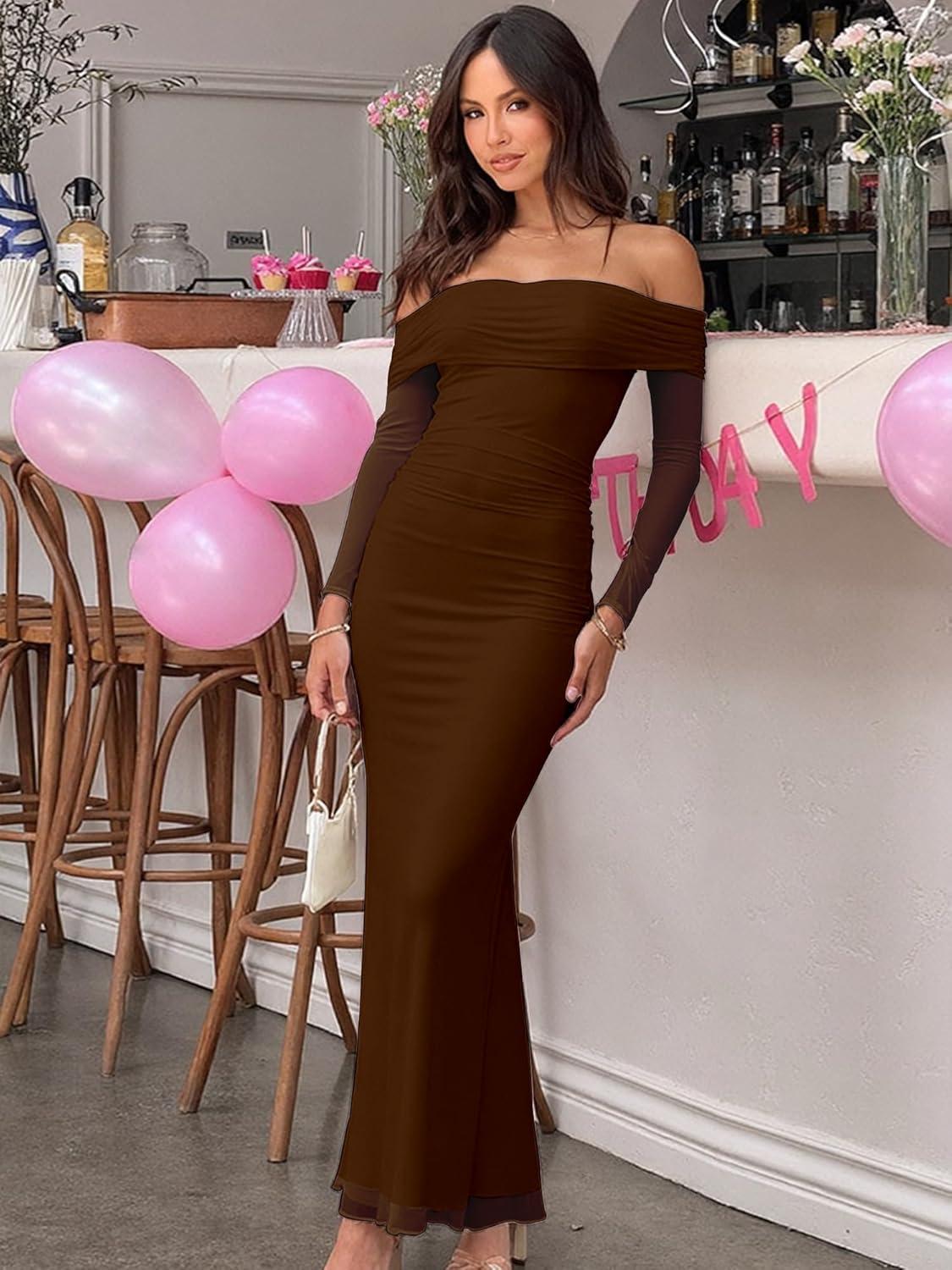 imageBORIFLORS Womens Elegant Off The Shoulder Bodycon Long Sleeve Maxi Dress Mesh Cocktail Party Wedding Guest Formal DressesCoffee