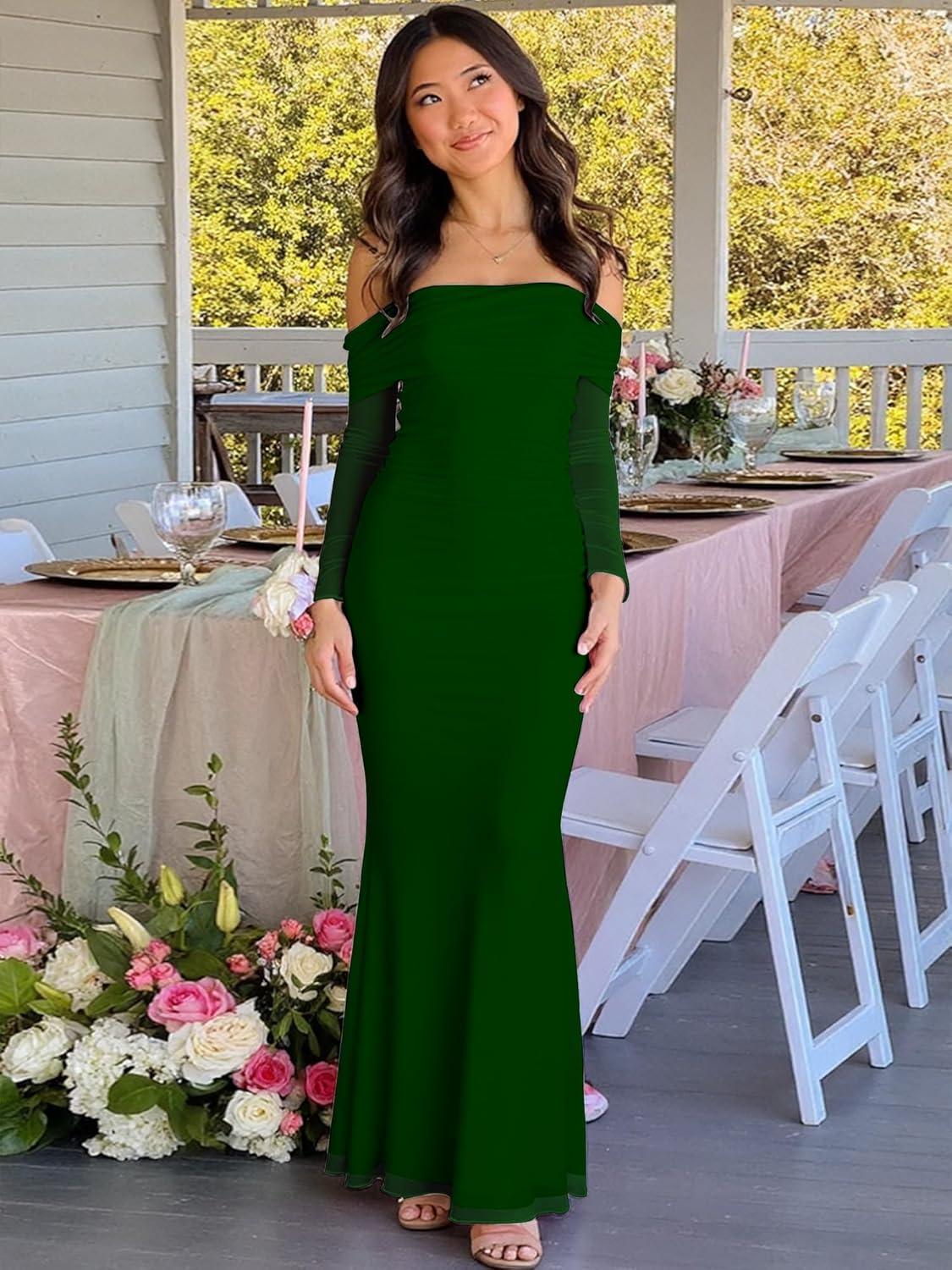 imageBORIFLORS Womens Elegant Off The Shoulder Bodycon Long Sleeve Maxi Dress Mesh Cocktail Party Wedding Guest Formal DressesDark Green