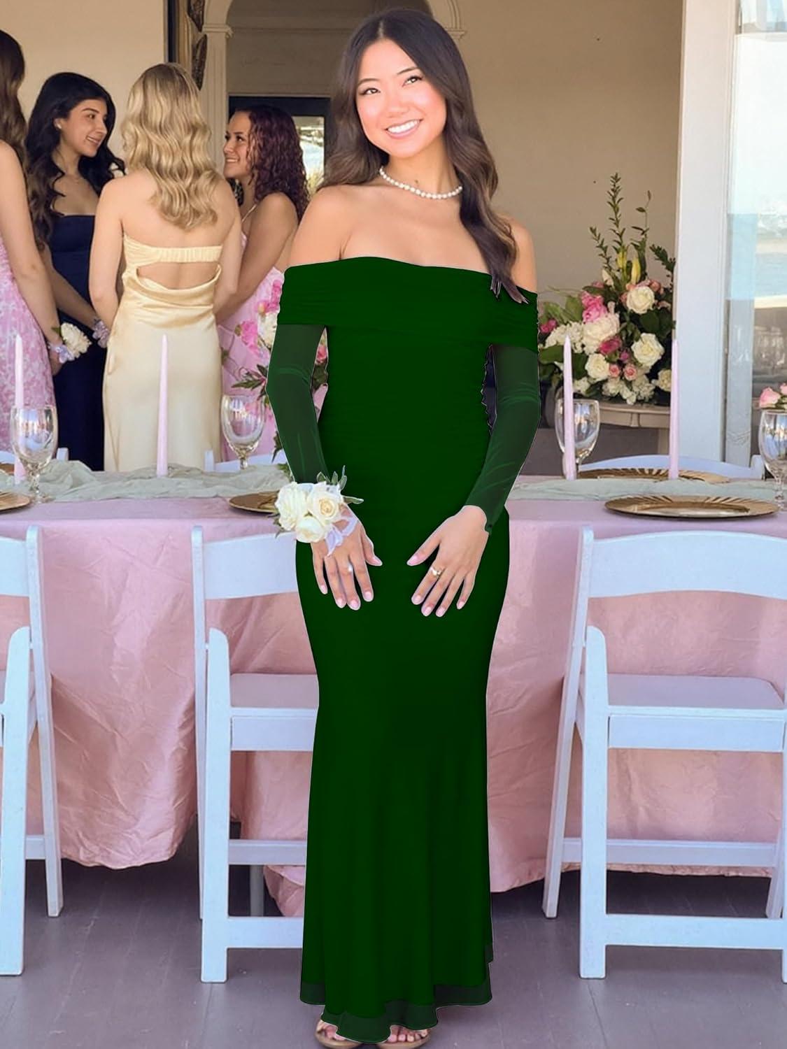 imageBORIFLORS Womens Elegant Off The Shoulder Bodycon Long Sleeve Maxi Dress Mesh Cocktail Party Wedding Guest Formal DressesDark Green