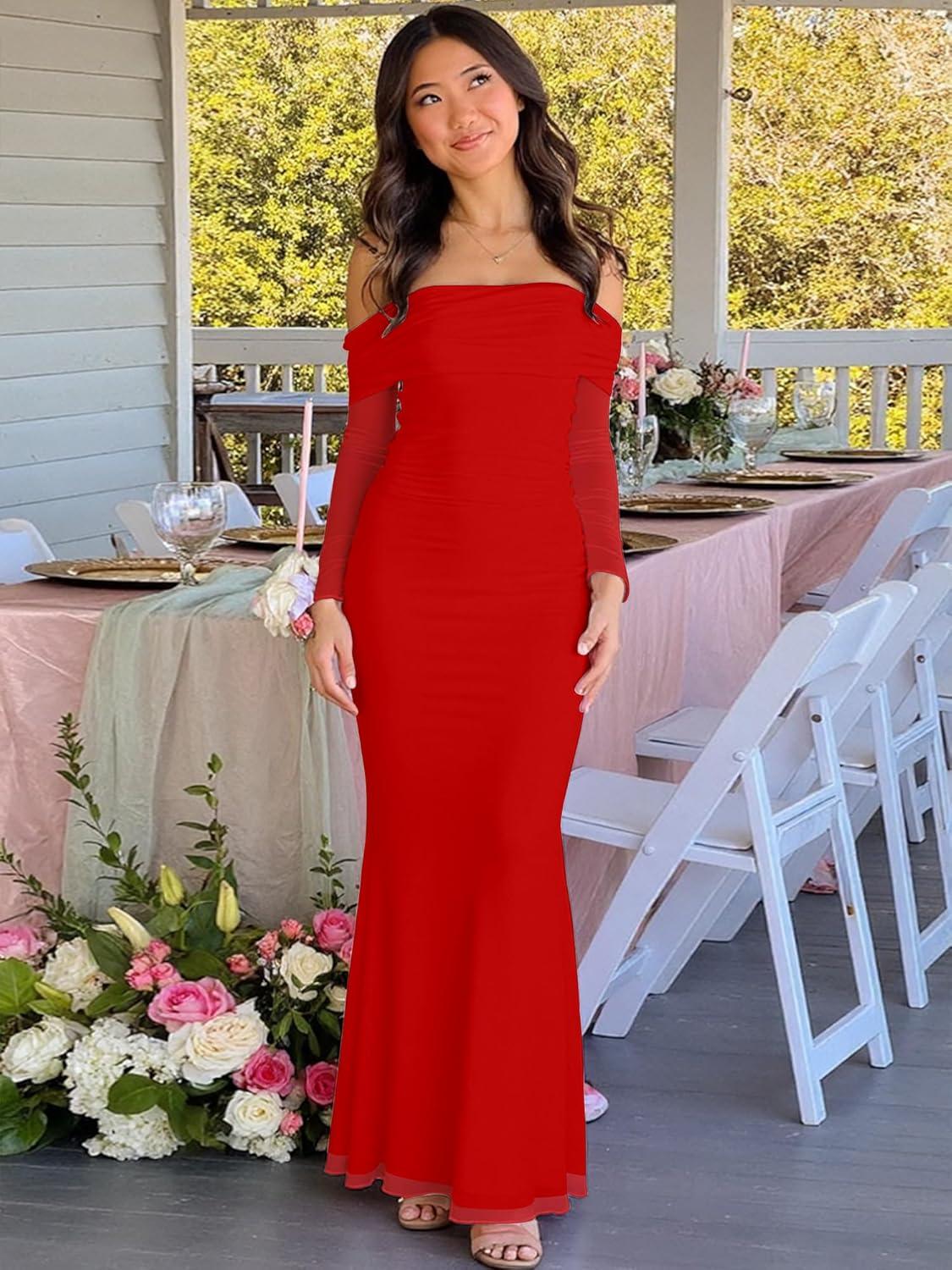 imageBORIFLORS Womens Elegant Off The Shoulder Bodycon Long Sleeve Maxi Dress Mesh Cocktail Party Wedding Guest Formal DressesRed