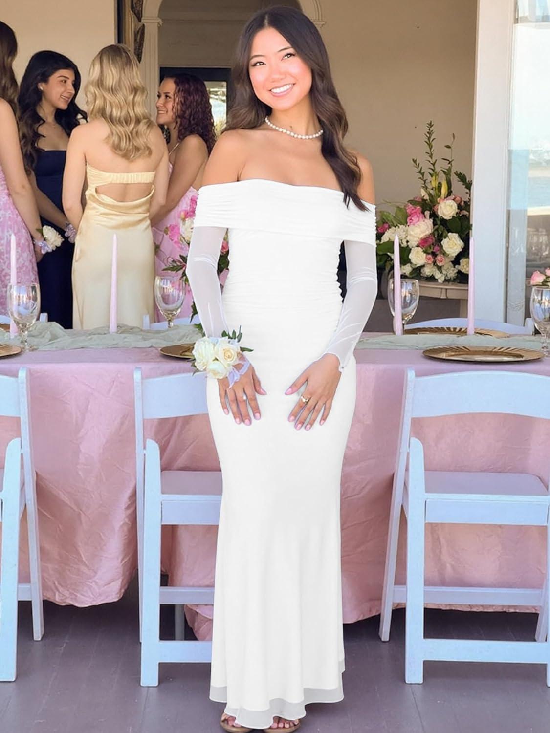 imageBORIFLORS Womens Elegant Off The Shoulder Bodycon Long Sleeve Maxi Dress Mesh Cocktail Party Wedding Guest Formal DressesWhite