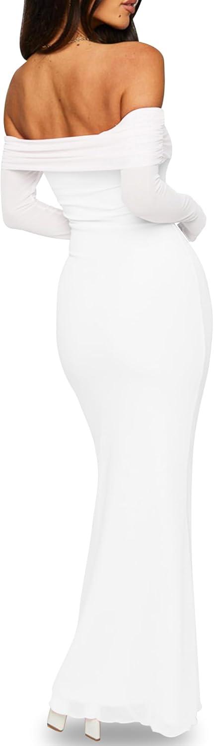 imageBORIFLORS Womens Elegant Off The Shoulder Bodycon Long Sleeve Maxi Dress Mesh Cocktail Party Wedding Guest Formal DressesWhite