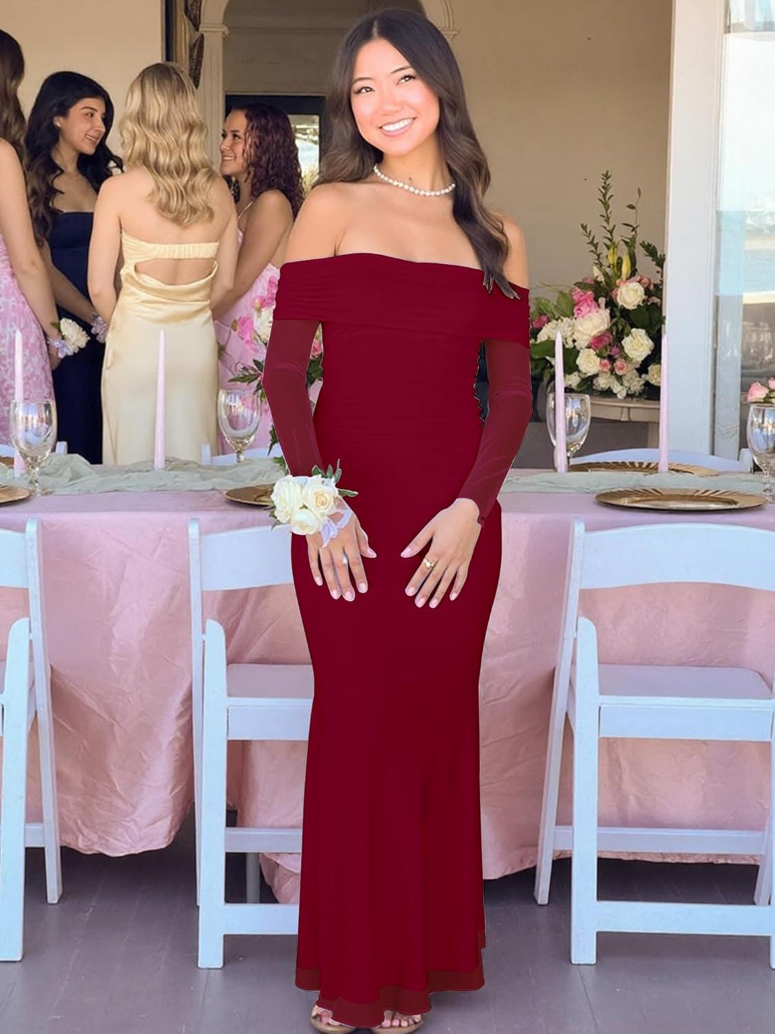 imageBORIFLORS Womens Elegant Off The Shoulder Bodycon Long Sleeve Maxi Dress Mesh Cocktail Party Wedding Guest Formal DressesWine Red