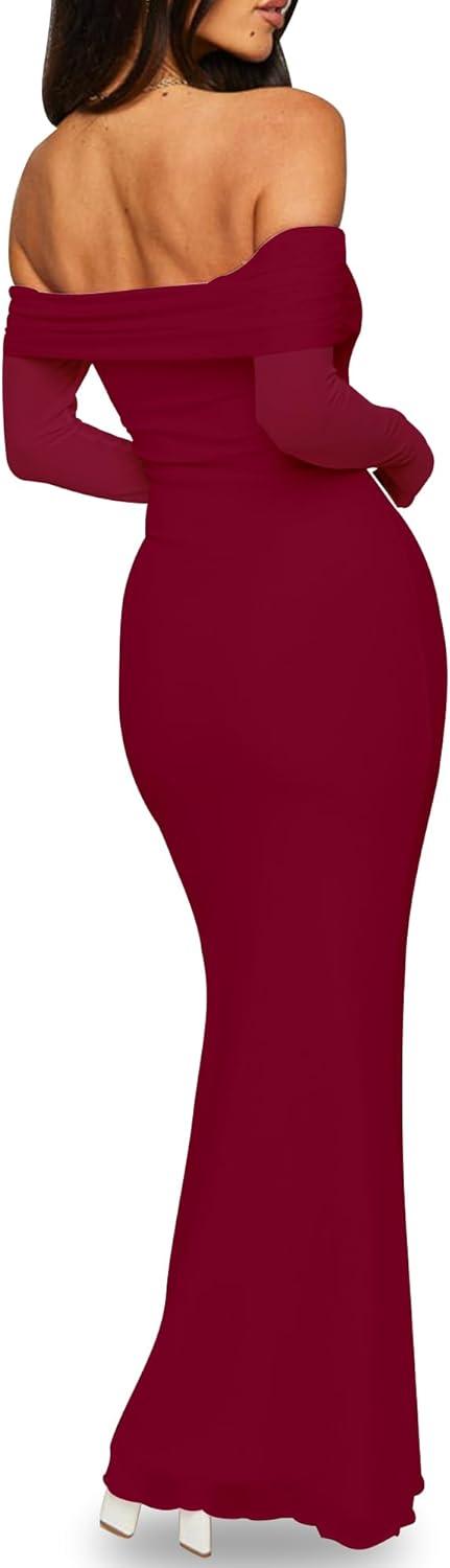 imageBORIFLORS Womens Elegant Off The Shoulder Bodycon Long Sleeve Maxi Dress Mesh Cocktail Party Wedding Guest Formal DressesWine Red