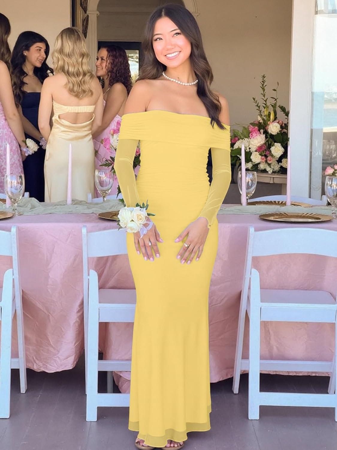 imageBORIFLORS Womens Elegant Off The Shoulder Bodycon Long Sleeve Maxi Dress Mesh Cocktail Party Wedding Guest Formal DressesYellow