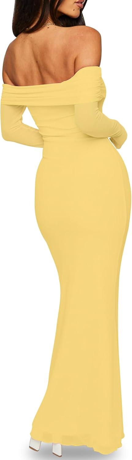 imageBORIFLORS Womens Elegant Off The Shoulder Bodycon Long Sleeve Maxi Dress Mesh Cocktail Party Wedding Guest Formal DressesYellow