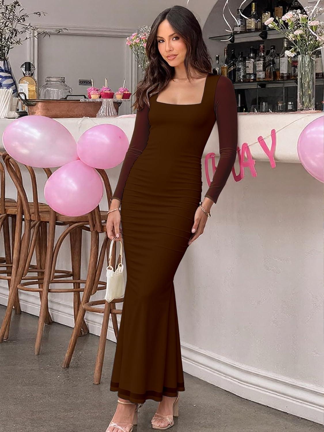 imageBORIFLORS Womens Ruched Bodycon Long Sleeve Maxi Dress Mesh Square Neck Cocktail Party Long DressesCoffee