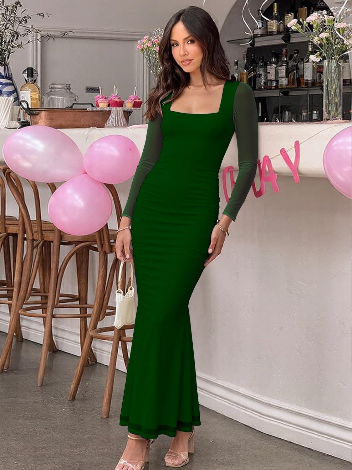 imageBORIFLORS Womens Ruched Bodycon Long Sleeve Maxi Dress Mesh Square Neck Cocktail Party Long DressesDark Green