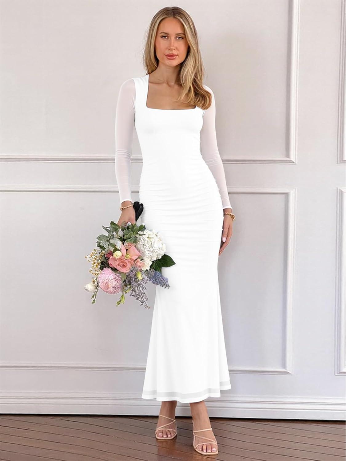 imageBORIFLORS Womens Ruched Bodycon Long Sleeve Maxi Dress Mesh Square Neck Cocktail Party Long DressesWhite