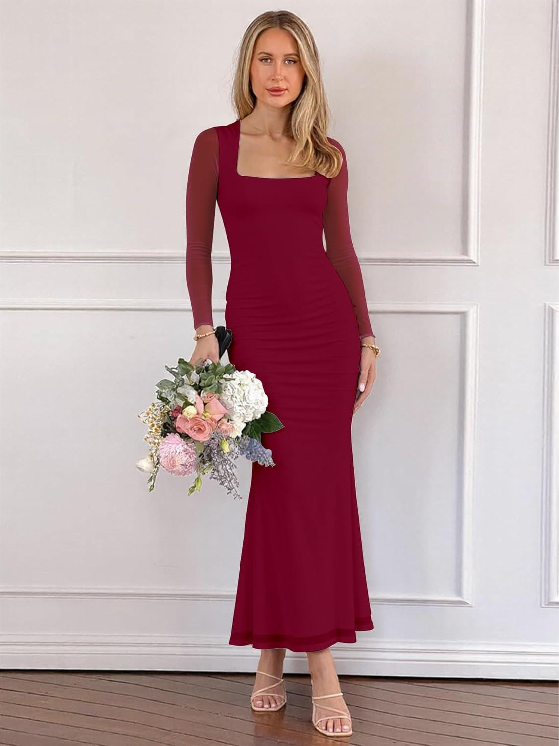 imageBORIFLORS Womens Ruched Bodycon Long Sleeve Maxi Dress Mesh Square Neck Cocktail Party Long DressesWine Red