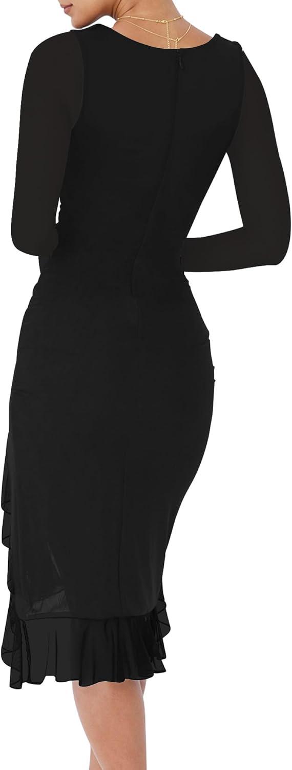 imageBORIFLORS Womens Sexy Ruched Bodycon Midi Dresses Elegant Mesh Long Sleeve Square Neck Ruffle Hem Cocktail Party DressBlack