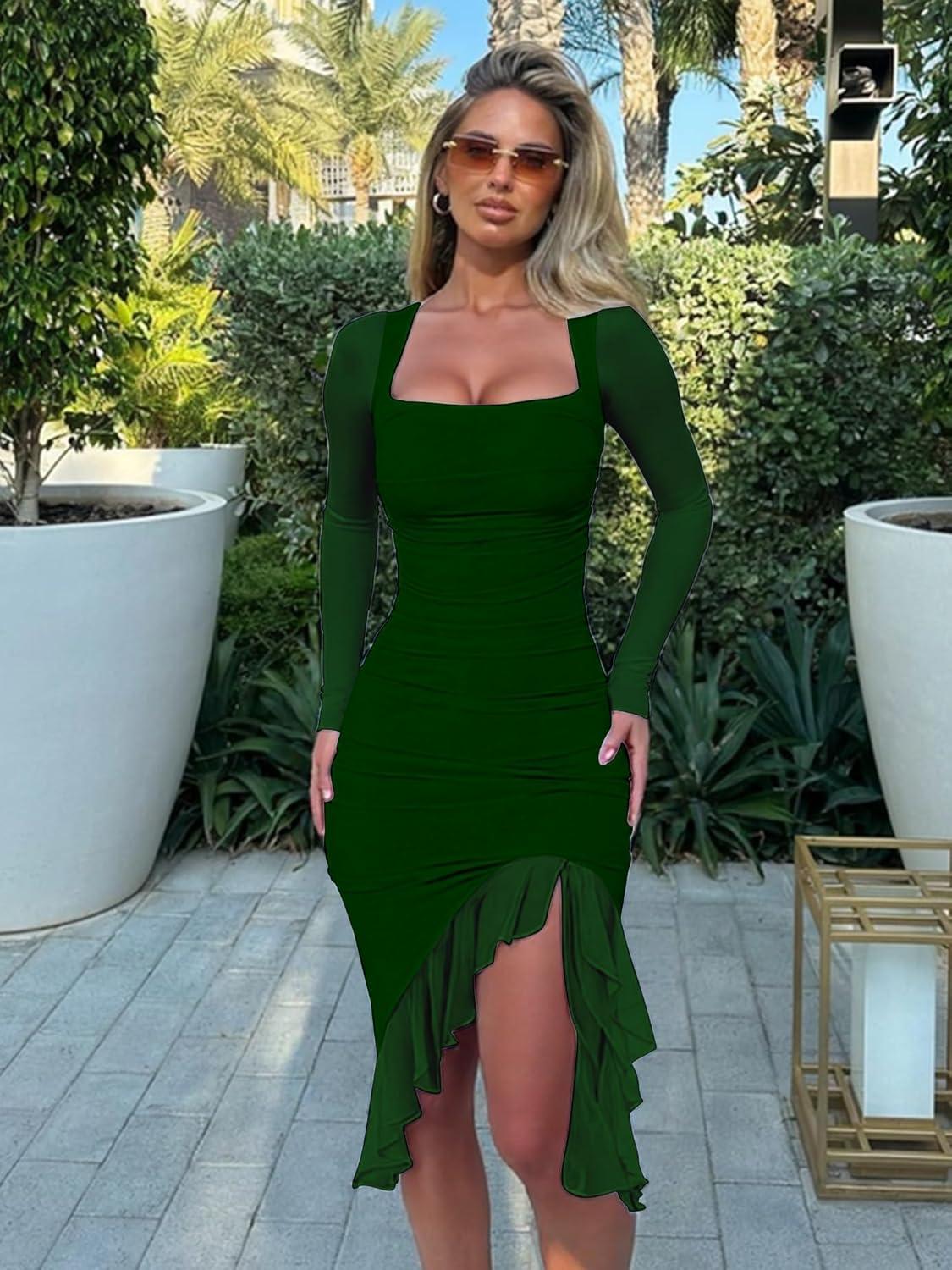 imageBORIFLORS Womens Sexy Ruched Bodycon Midi Dresses Elegant Mesh Long Sleeve Square Neck Ruffle Hem Cocktail Party DressDark Green