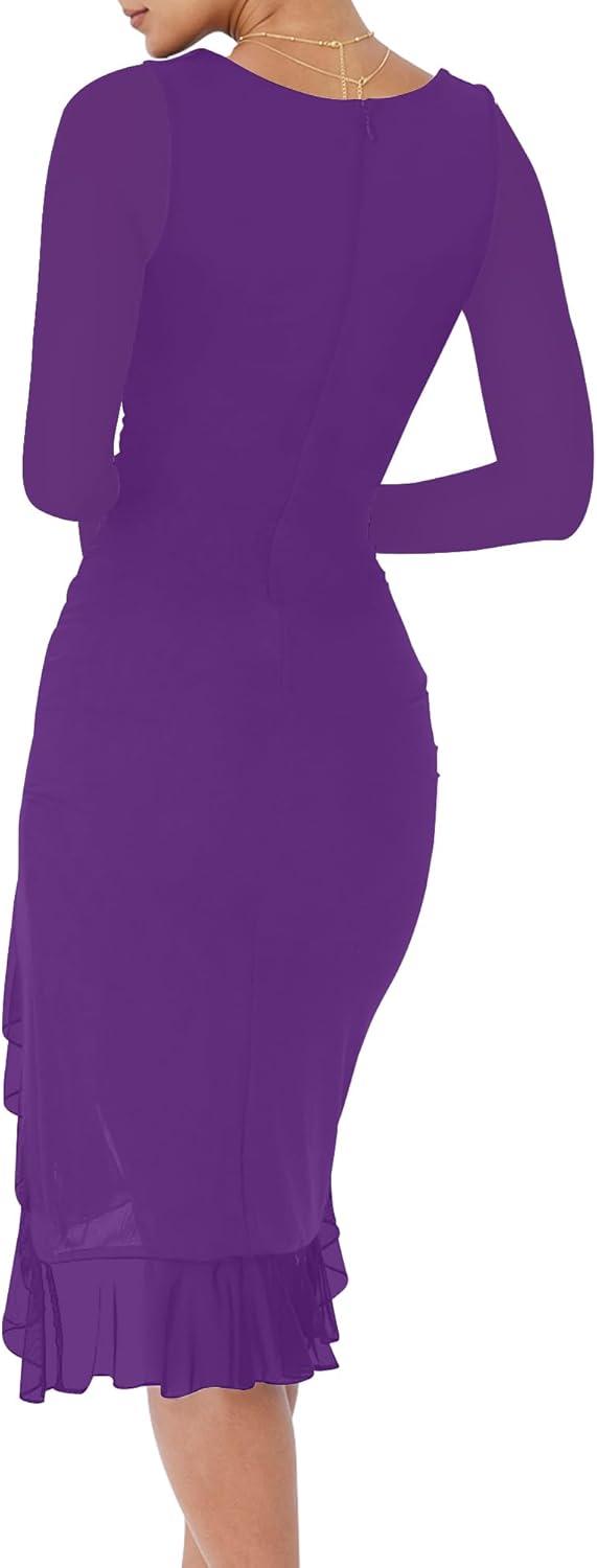 imageBORIFLORS Womens Sexy Ruched Bodycon Midi Dresses Elegant Mesh Long Sleeve Square Neck Ruffle Hem Cocktail Party DressDark Purple