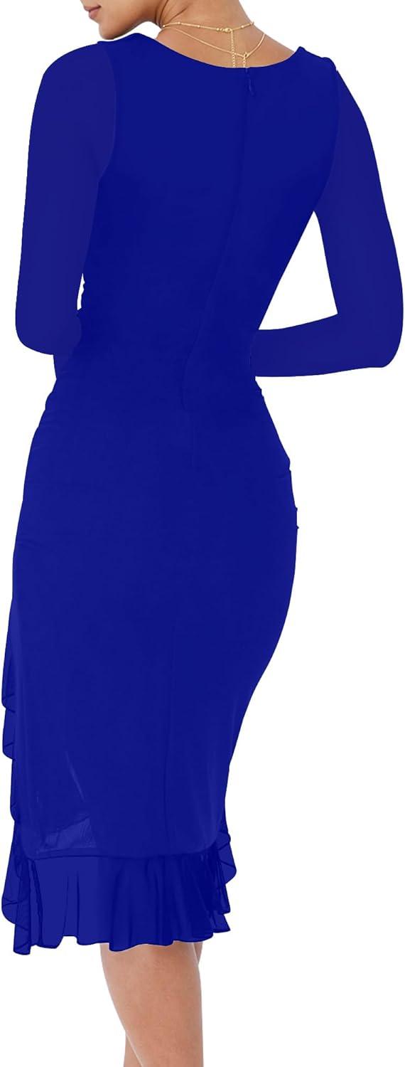 imageBORIFLORS Womens Sexy Ruched Bodycon Midi Dresses Elegant Mesh Long Sleeve Square Neck Ruffle Hem Cocktail Party DressRoyal Blue