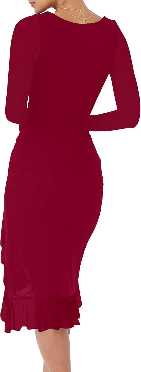 imageBORIFLORS Womens Sexy Ruched Bodycon Midi Dresses Elegant Mesh Long Sleeve Square Neck Ruffle Hem Cocktail Party DressWinered