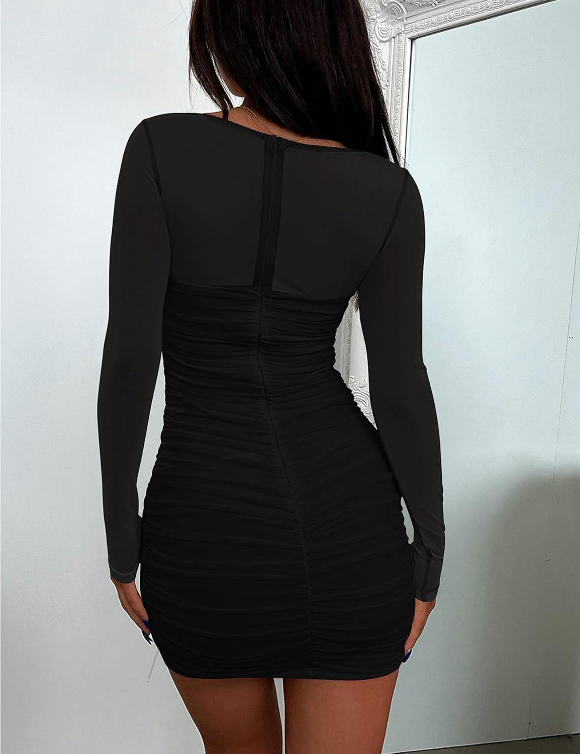 imageBORIFLORS Womens Sexy Ruched Bodycon Mini Dress Mesh Long Sleeve Club Party Short DressesBlack