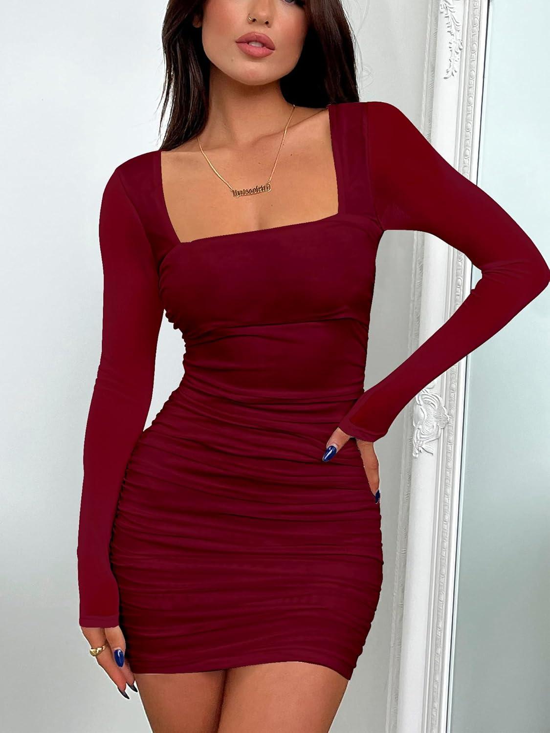 imageBORIFLORS Womens Sexy Ruched Bodycon Mini Dress Mesh Long Sleeve Club Party Short DressesWine Red