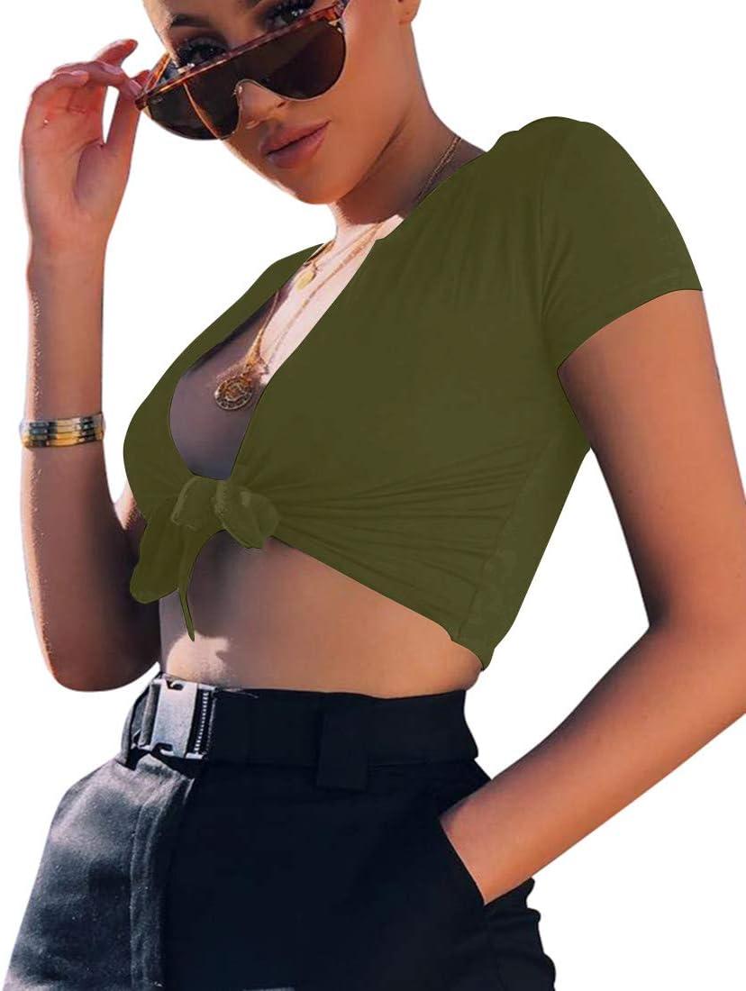 imageBORIFLORS Womens Sexy Tie Up Crop Top Short Sleeve Deep V Neck Casual Basic T ShirtArmy Green