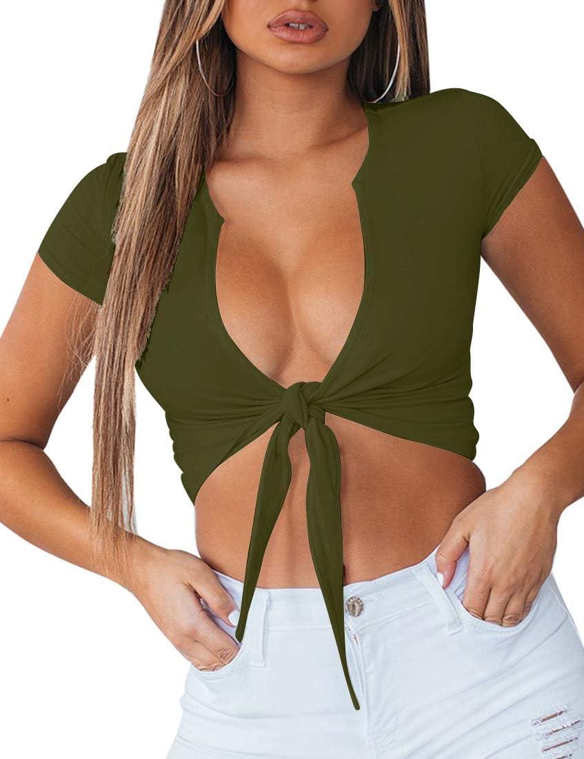 imageBORIFLORS Womens Sexy Tie Up Crop Top Short Sleeve Deep V Neck Casual Basic T ShirtArmy Green