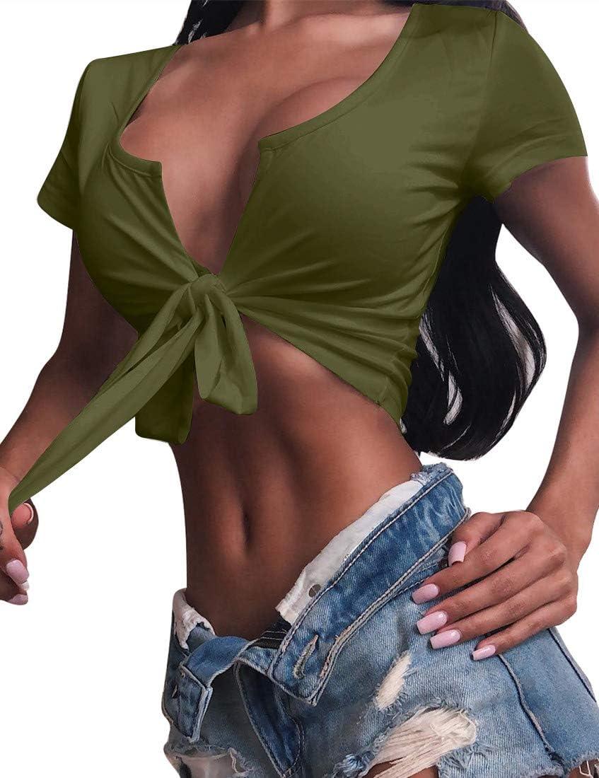 imageBORIFLORS Womens Sexy Tie Up Crop Top Short Sleeve Deep V Neck Casual Basic T ShirtArmy Green