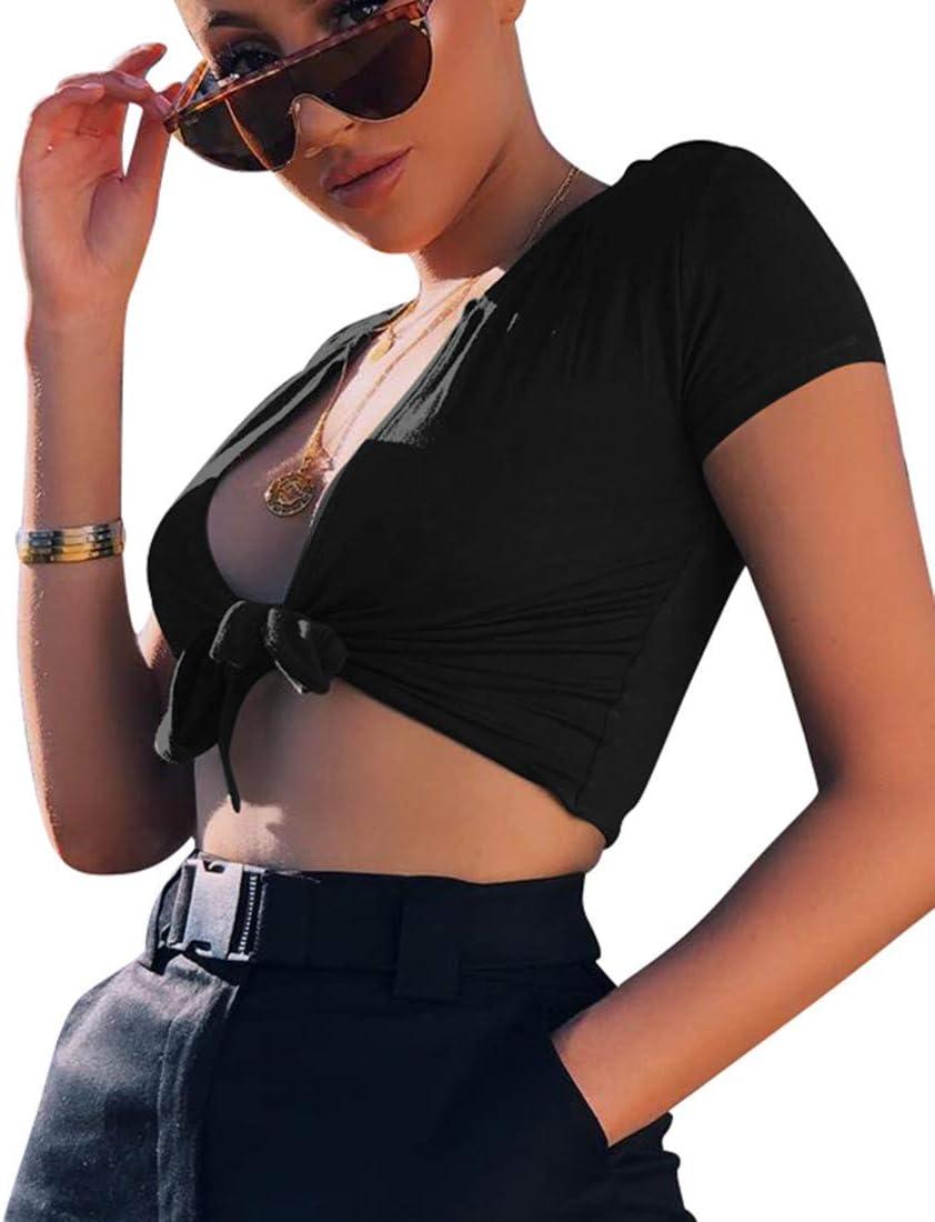 imageBORIFLORS Womens Sexy Tie Up Crop Top Short Sleeve Deep V Neck Casual Basic T ShirtBlack