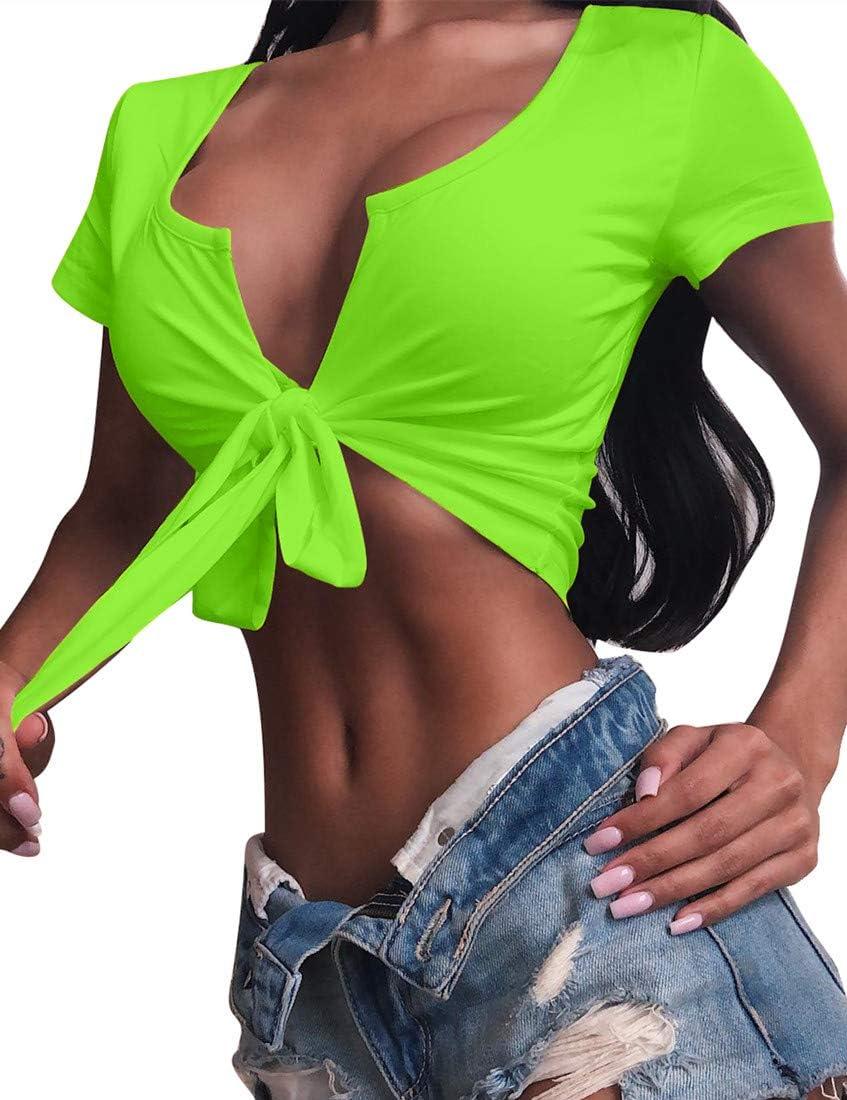 imageBORIFLORS Womens Sexy Tie Up Crop Top Short Sleeve Deep V Neck Casual Basic T ShirtLight Green