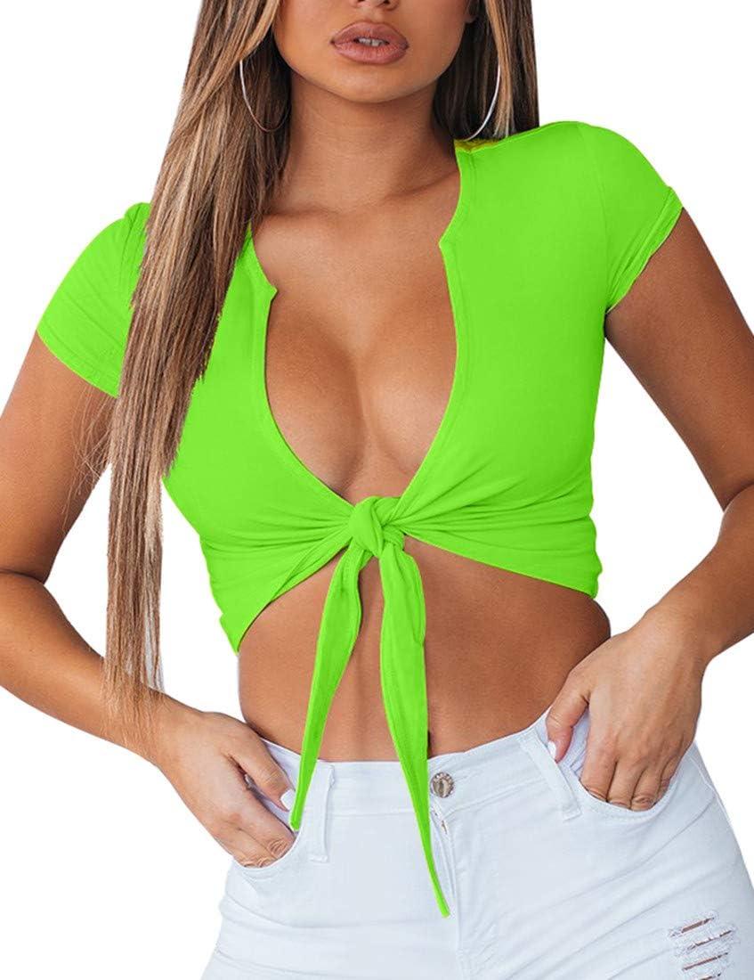 imageBORIFLORS Womens Sexy Tie Up Crop Top Short Sleeve Deep V Neck Casual Basic T ShirtLight Green