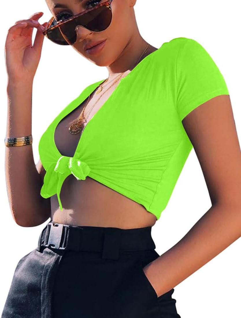 imageBORIFLORS Womens Sexy Tie Up Crop Top Short Sleeve Deep V Neck Casual Basic T ShirtLight Green