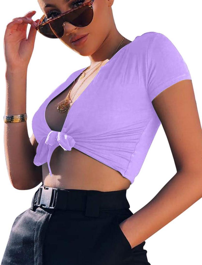 imageBORIFLORS Womens Sexy Tie Up Crop Top Short Sleeve Deep V Neck Casual Basic T ShirtPurple