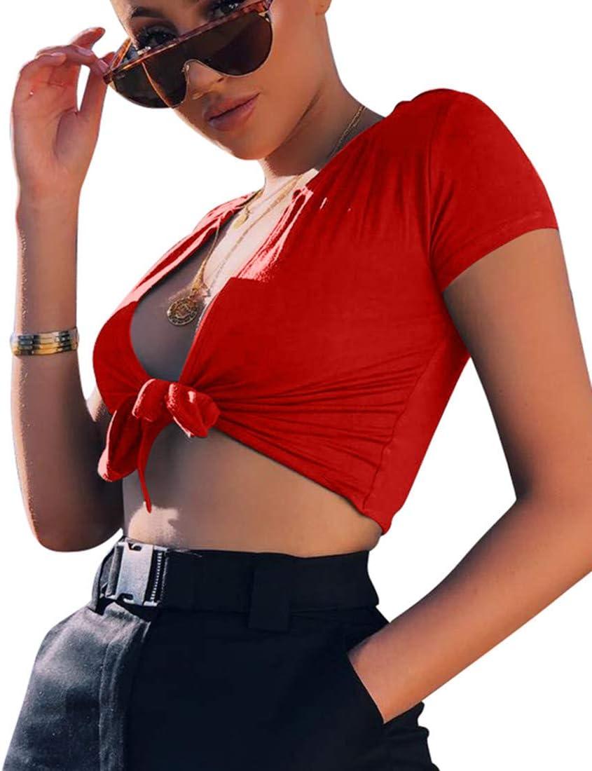 imageBORIFLORS Womens Sexy Tie Up Crop Top Short Sleeve Deep V Neck Casual Basic T ShirtRed