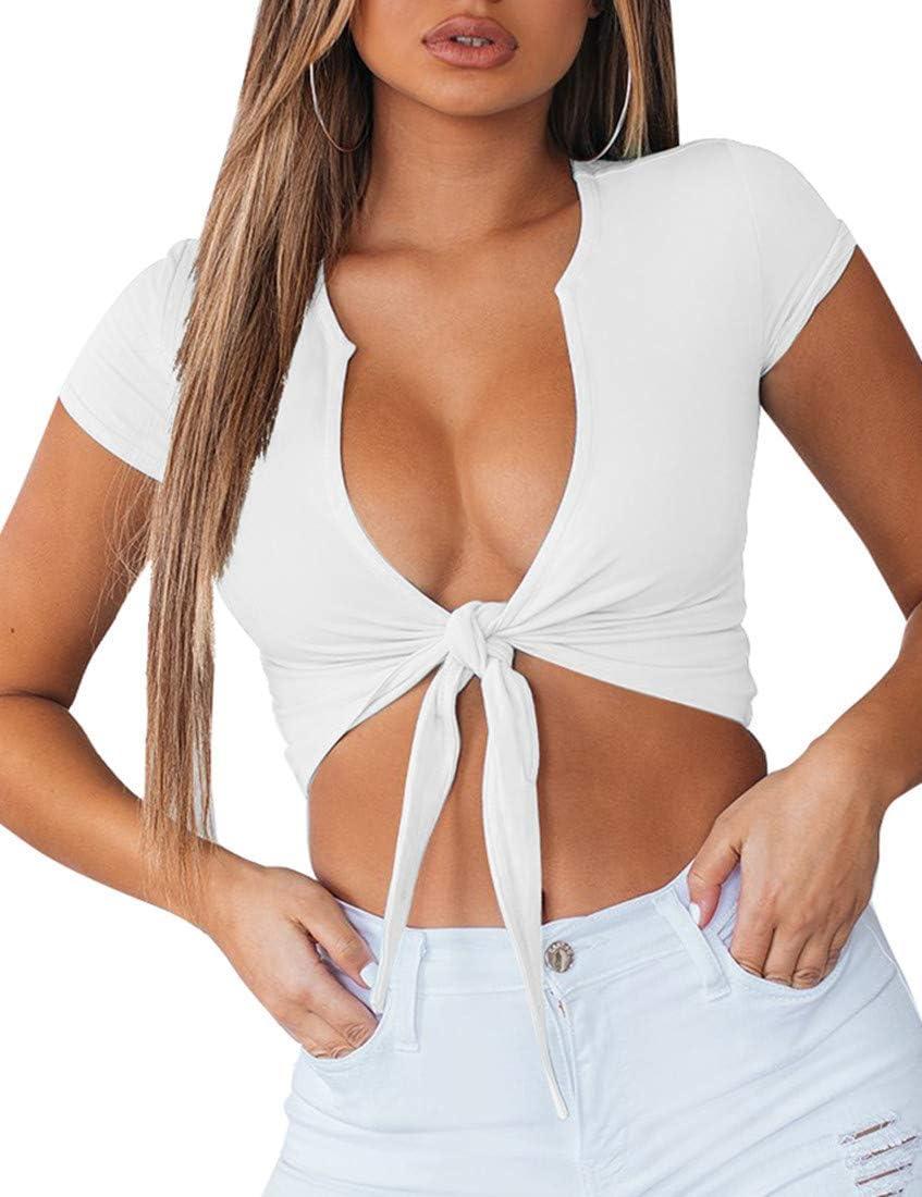 imageBORIFLORS Womens Sexy Tie Up Crop Top Short Sleeve Deep V Neck Casual Basic T ShirtWhite