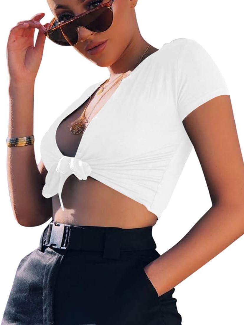 imageBORIFLORS Womens Sexy Tie Up Crop Top Short Sleeve Deep V Neck Casual Basic T ShirtWhite