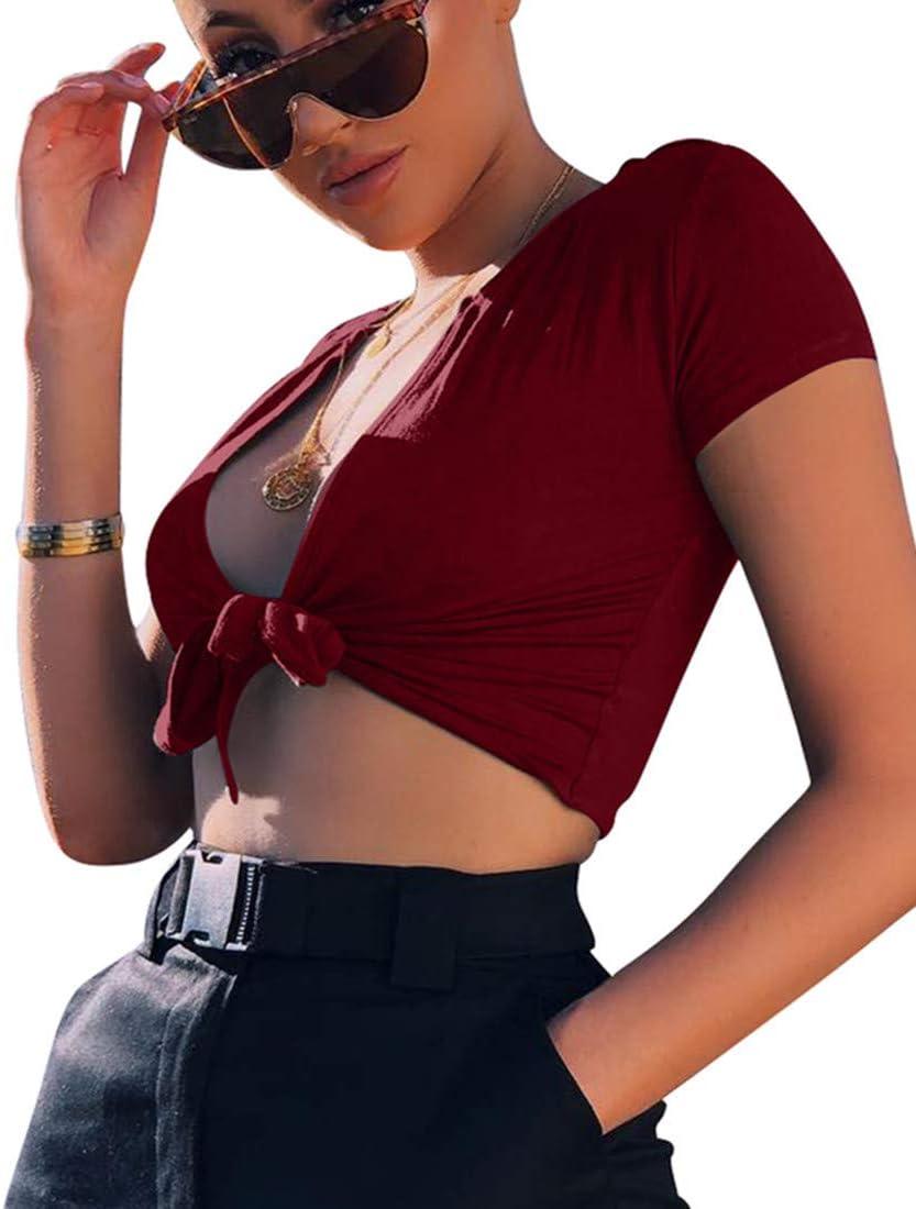 imageBORIFLORS Womens Sexy Tie Up Crop Top Short Sleeve Deep V Neck Casual Basic T ShirtWine Red
