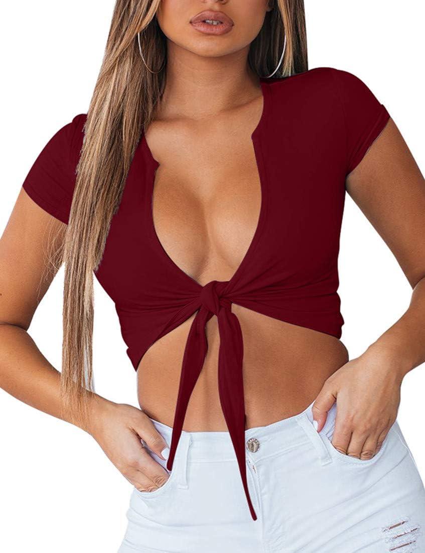 imageBORIFLORS Womens Sexy Tie Up Crop Top Short Sleeve Deep V Neck Casual Basic T ShirtWine Red