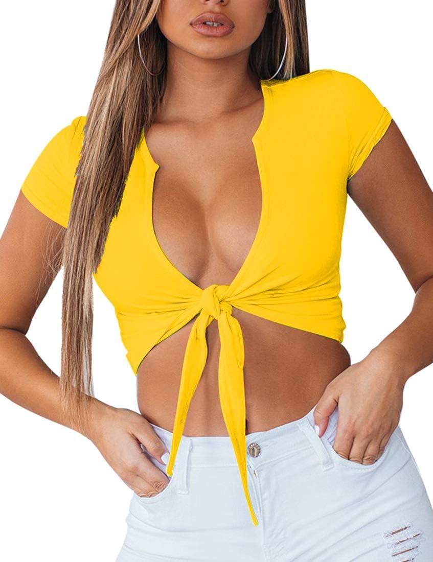 imageBORIFLORS Womens Sexy Tie Up Crop Top Short Sleeve Deep V Neck Casual Basic T ShirtYellow