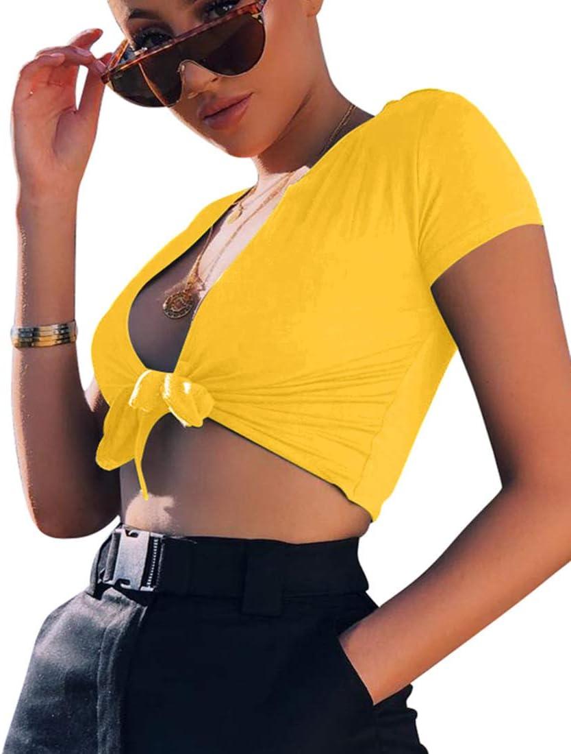 imageBORIFLORS Womens Sexy Tie Up Crop Top Short Sleeve Deep V Neck Casual Basic T ShirtYellow