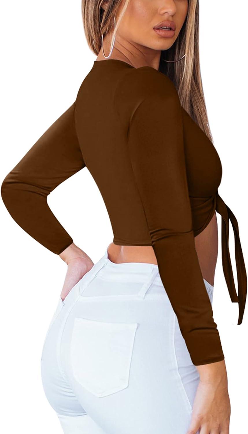 imageBORIFLORS Womens Sexy Tie Up Crop Top Short Sleeve Deep V Neck Casual Basic T ShirtZcoffee