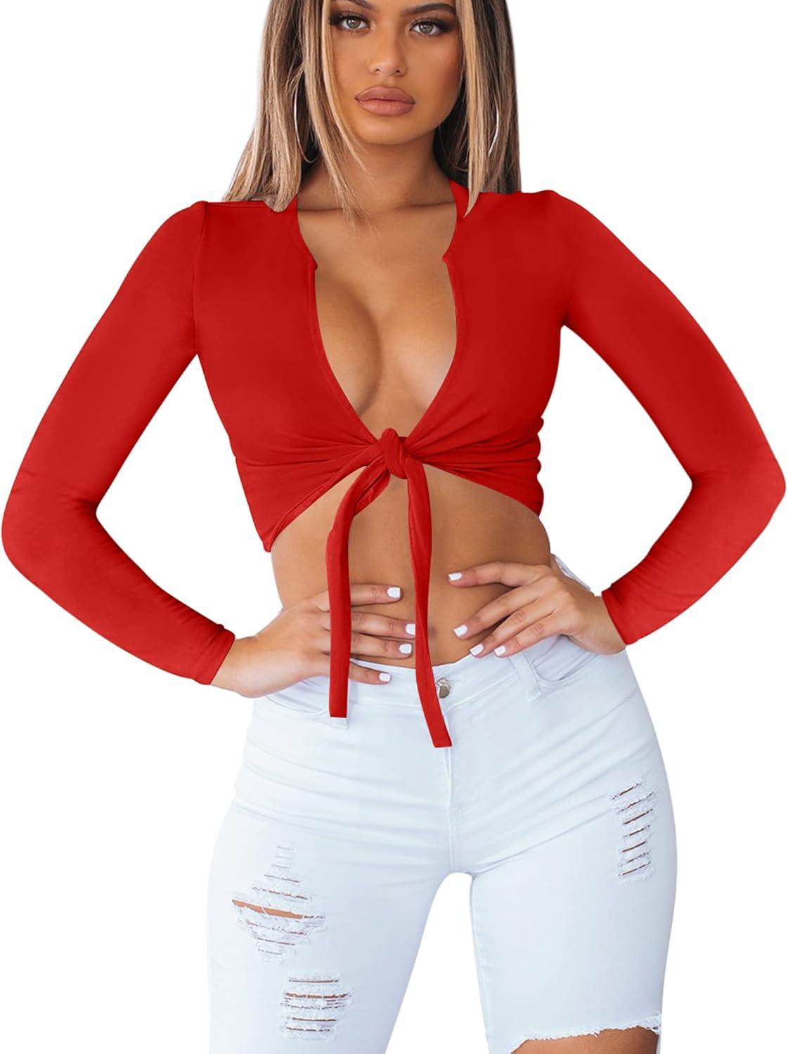 imageBORIFLORS Womens Sexy Tie Up Crop Top Short Sleeve Deep V Neck Casual Basic T ShirtZred